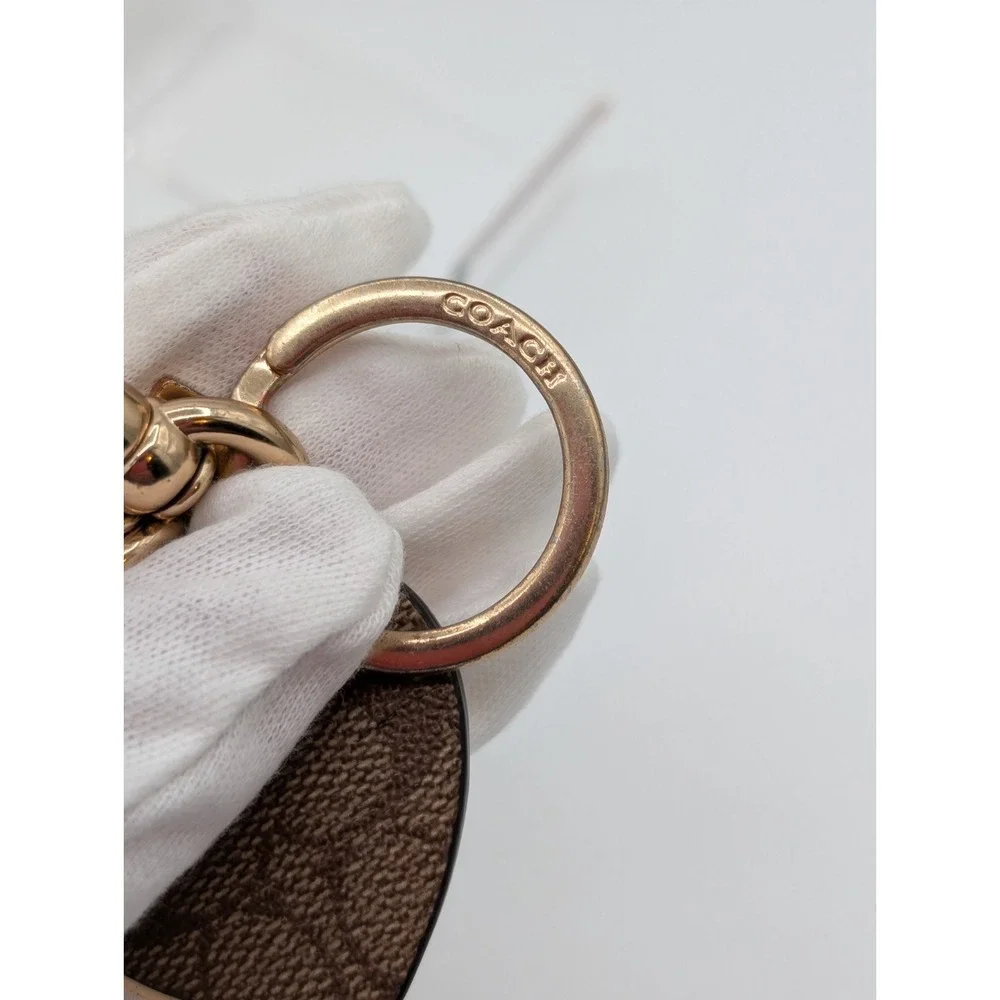 Coach Heart Logo Keychain Gold Tone & Signature Brown Leather Charm Key Ring